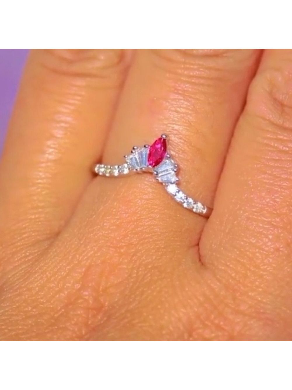 Dainty Stackable Pink And Silver V-shaped Ring By Oomiay - Picture 2 of 2